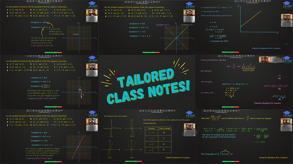 A series of mathematical images including equations, graphs and formulae on a black background